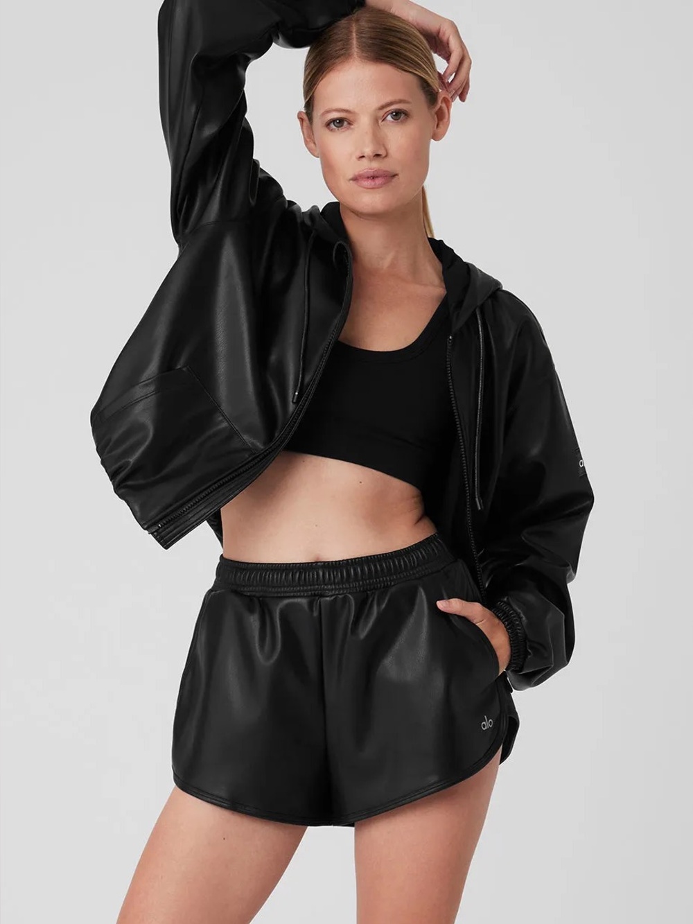 NWOT ALO Yoga Power Hour Full Zip Cropped Jacket Hooded BLACK - M